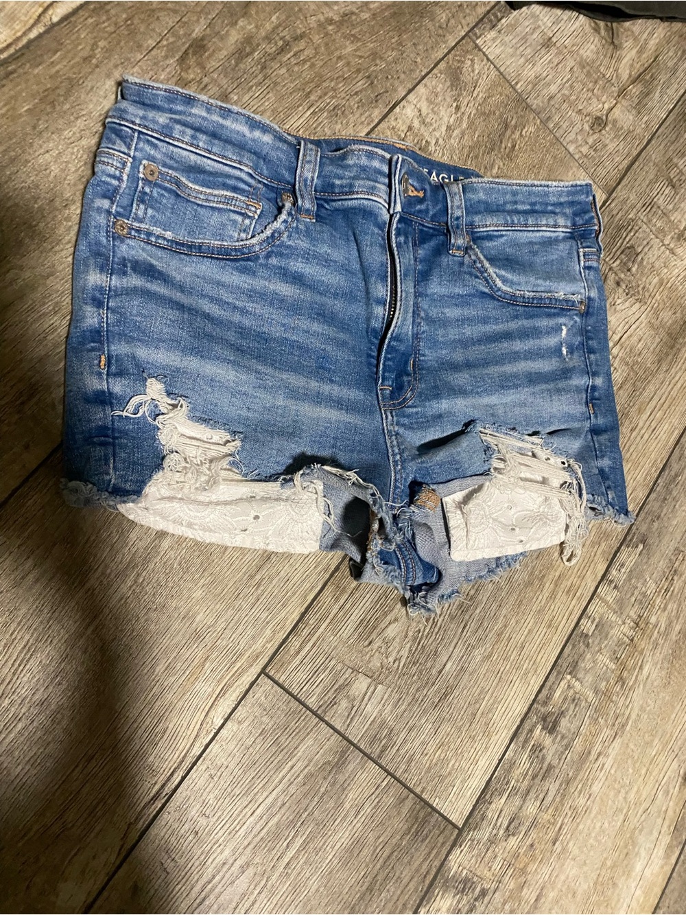 American Eagle Outfitters Distressed Blue Denim Shorts with Lace Trim